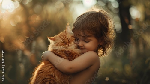 Adorable child with tousled hair tenderly cuddles a fluffy red cat, Ai Generated. photo