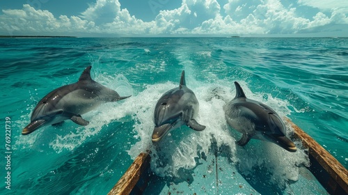Three common dolphins leaping from a boat into the fluid water of the ocean