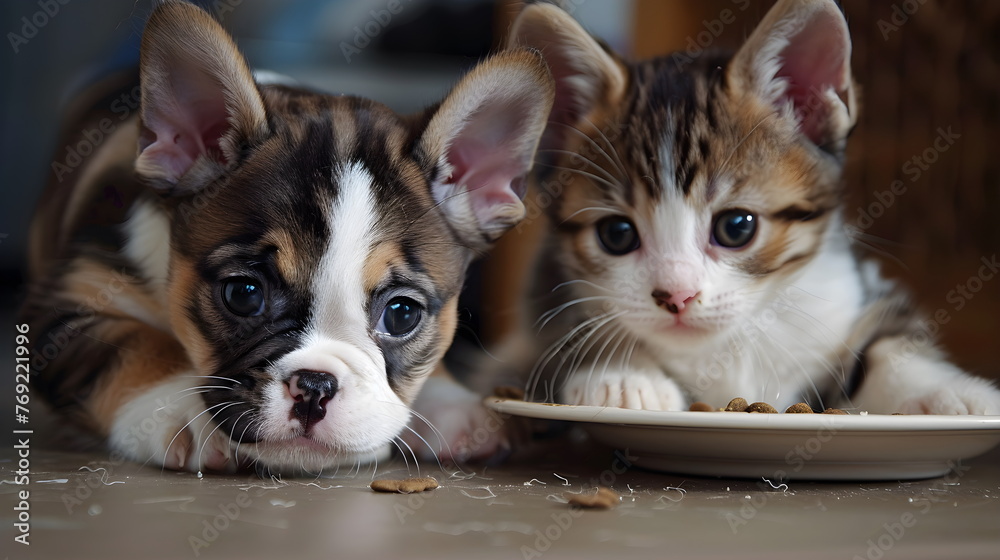 Haustier Futterzeit / Katze und Hund Poster / Kätzchen und Welpe Wallpaper / Ki-Ai generiert