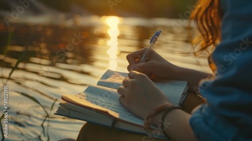 In the tranquil evening by the riverside, a young woman's hand elegantly writes with a pen on her notebook, Ai Generated