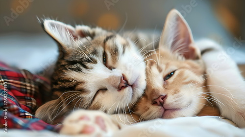 Kleine Katzen ruhen sich aus / Katzen kuscheln und schlafen / Süßes Haustier Poster / Schönes Katzen Wallpaper / Ai-Ki generiert photo