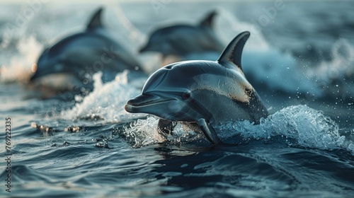 A pod of Common bottlenose dolphins gracefully swim in liquid depths