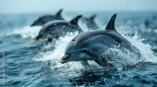 Common dolphins leaping from liquid, displaying fins in a show of marine biology © yuchen