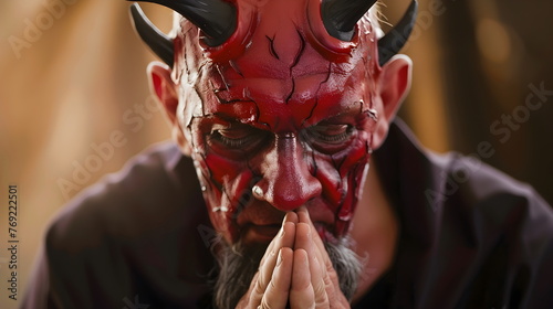 Der Teufel betet zu Gott / Teufel beichtet / Teufel Poster / Glaube Wallpaper / Ai-Ki generation photo