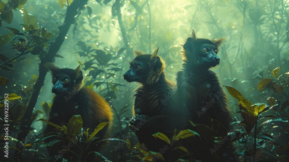 Naklejka premium Three lemurs in a jungle setting, surrounded by lush greenery