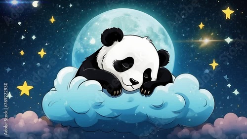 A baby panda sleeping on a starry cloud, seamless looping 4k animation video background 