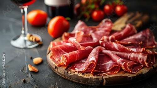 jamon with red wine on a black background