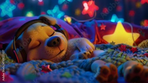 cartoon baby dog sleeping with head phones on, bright colourful twinkle little star