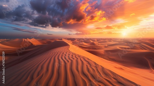 The Dubai desert is beautifully depicted at sunset, capturing the serene and vast landscape of the United Arab Emirates