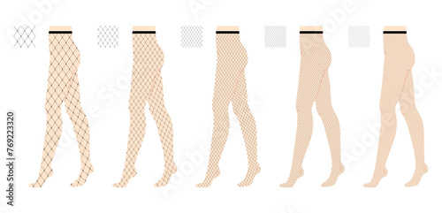 Set of Fishnet Tights Pantyhose on legs, different mesh sizes with pattern. Fashion accessory clothing technical illustration. Vector side view, flat template mockup sketch outline isolated on white