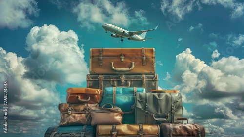 The image portrays travel bags and an airplane soaring in the sky, symbolizing the beginning of an adventure