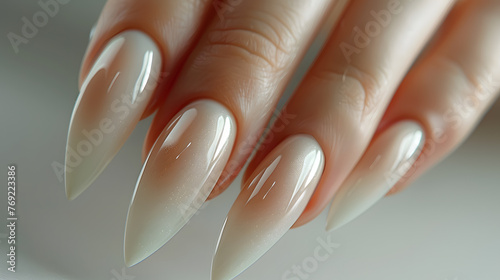 A detailed shot showcasing a womans long pointed nails with nail polish  a result of careful manicure and nail care service using liquid cosmetics to beautify the fingers and thumbs