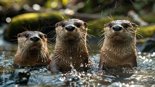 Three otters, North American river otter, swimming in the water together