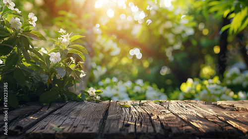 a textured wooden surface in the foreground, with a blurred background of lush greenery and blooming white flowers