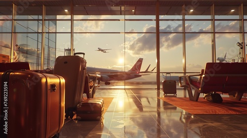 The scene is set in an airport departure lounge with suitcases and a visible airplane in the background, highlighting the summer vacation theme and the anticipation of travel