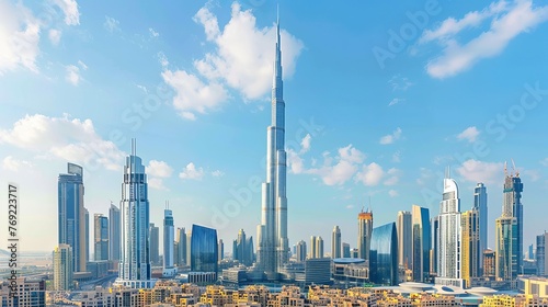 The skyline of Dubai, United Arab Emirates, is portrayed, highlighting the city's iconic buildings and modern architecture