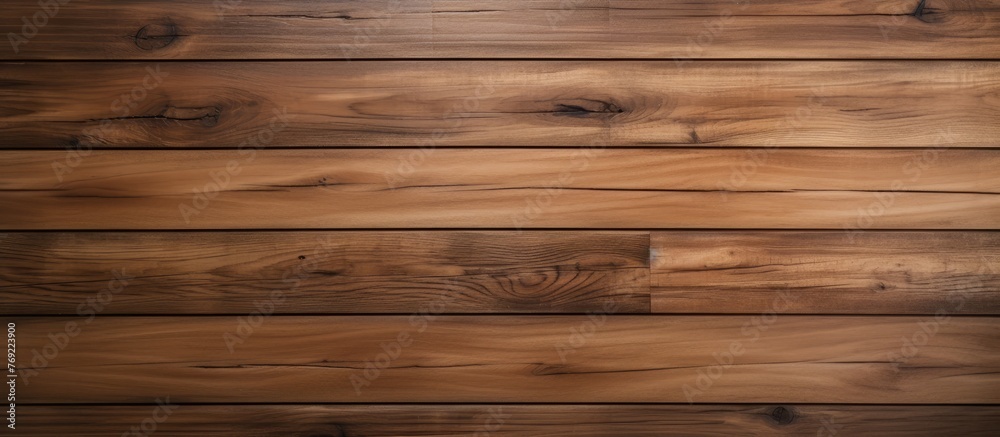 Fototapeta premium Detailed close-up view of a wooden wall displaying a rich brown stain with intricate grain patterns and textures