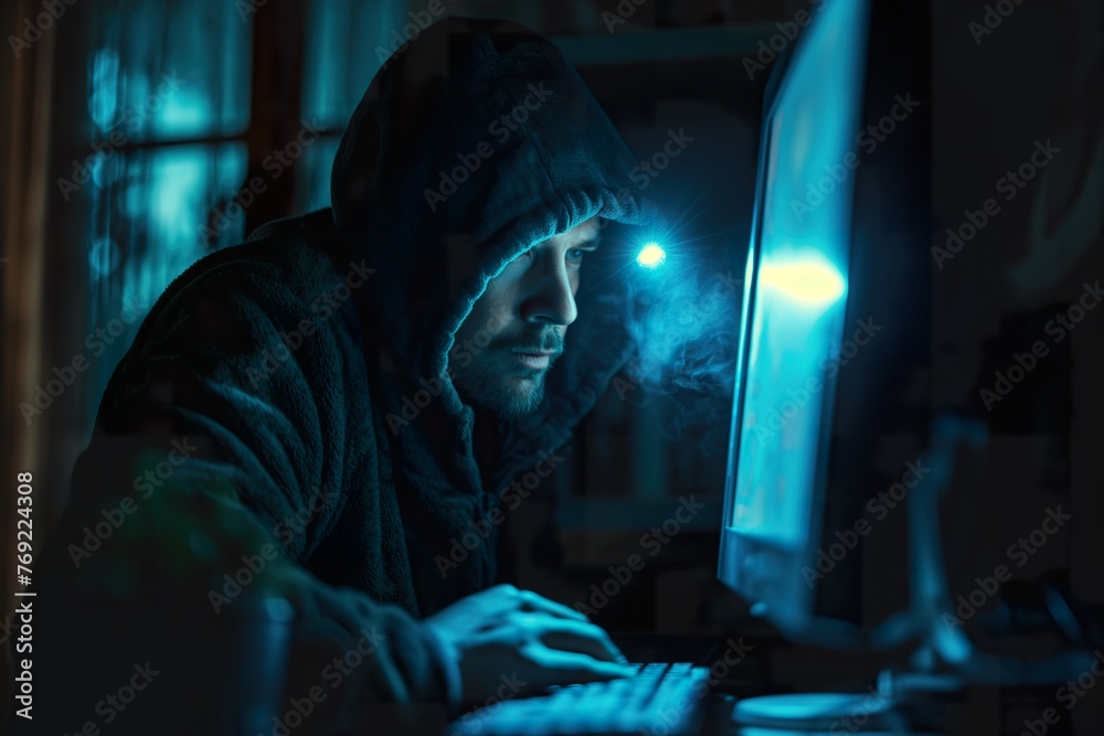 A male thief sitting at a computer in a dark room, using a flashlight to steal a monitor.
