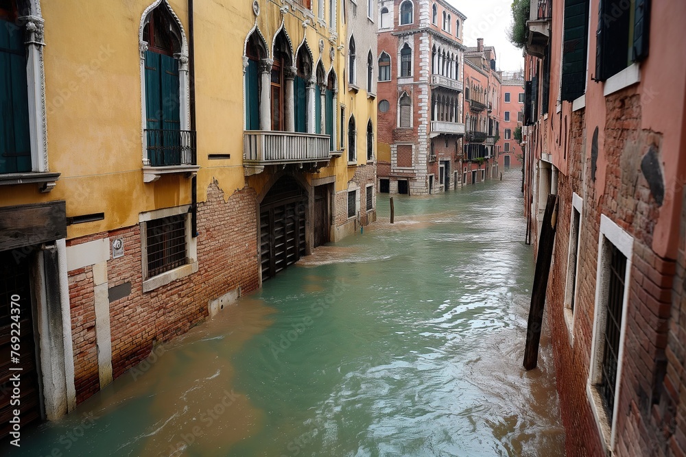 A narrow canal running through Venecia with buildings on both sides, showcasing urban architecture and infrastructure.