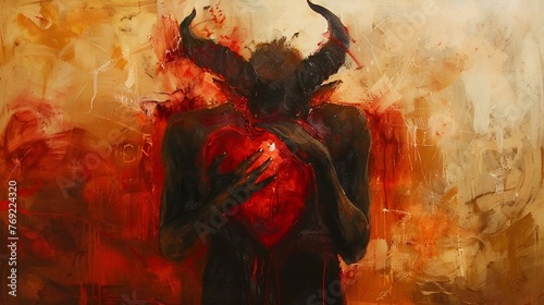 A devil holding his heart in the burning flames photo