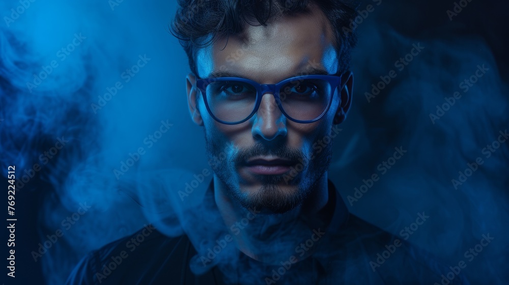 A man with glasses and a beard stands in a cloud of smoke A man with glasses and a beard stands in a cloud of smoke