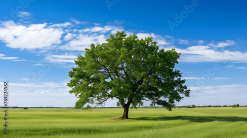 Majestic Elm Tree Dominating a Serene Green Landscape under a Clear Blue Sky