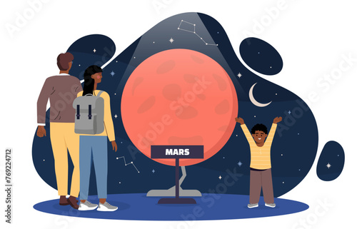 Space museum people. Man and woman with kid look at starry sky with planets. Love for astrology and astronomy. Cultural rest and leisure. Cartoon flat vector illustration isolated on white background