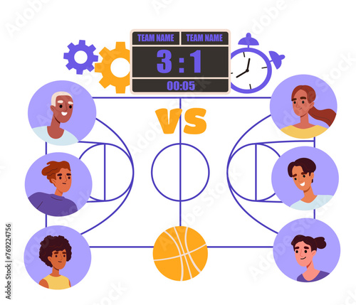 Sports basketball competition. Men and women avatars at court with scoreboard. Cbersportsman with tournament. Team sports. Cartoon flat vector illustration isolated on white background