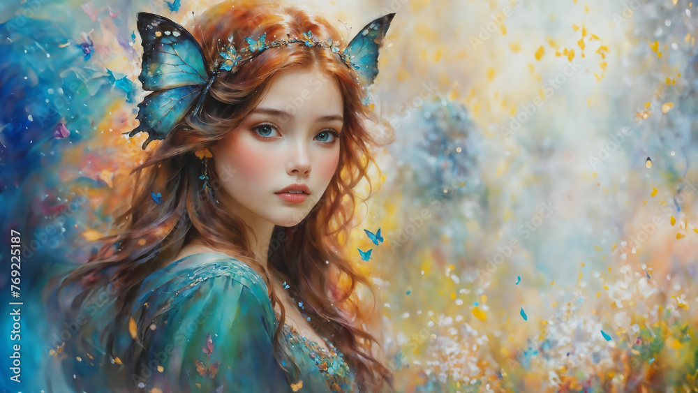 Portrait of a fairy girl with delicate blue butterfly wings wreath in her curly ginger hair, youthful innocent beauty, captivating light blue eyes - watercolor like fantasy art.