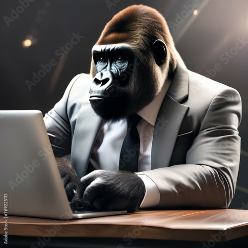 A gorilla wearing a business suit, sitting at a desk with a laptop2 photo