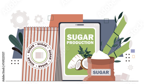 Sugar production concept. Production of sweets from sugar cane. Dessert and delicacy. Coconut and white carrots. Unhealthy eating. Cartoon flat vector illustration isolated on white background photo