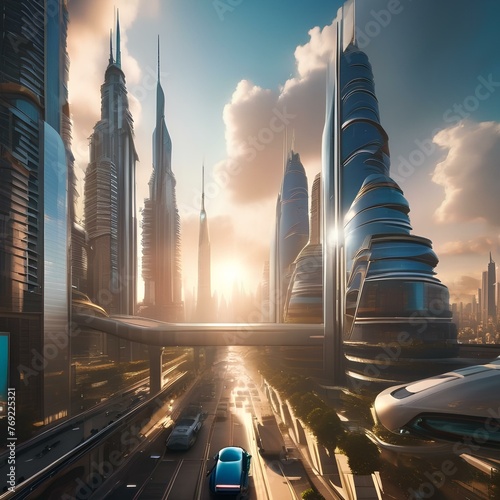 A futuristic cityscape with towering skyscrapers and flying cars, bathed in the light of a rising sun2 photo