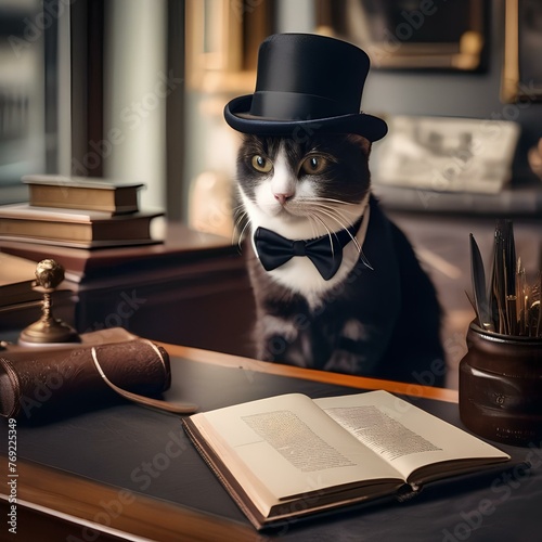 A dapper cat wearing a bowler hat and monocle, sitting at a tiny desk with a quill pen2 photo