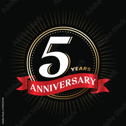 5 years anniversary logo design with ribbon and celebration elements. Company 5-year anniversary badge. 5 TH birthday sign and symbol. Golden color gradient sticker, stamp, tag. Isolated number 5