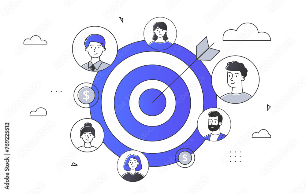 Target customer simple. Marketing and advertisement, promotion of social networks and messengers. Electronic commerce. SMM and SEO specialists with users. Doodle flat vector illustration