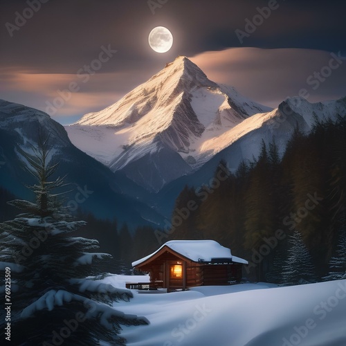 A majestic, snow-covered mountain peak bathed in the light of a full moon1 photo