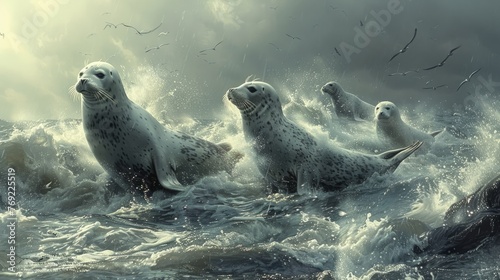 Marine mammals, carnivores, swimming fluidly in the ocean waves © yuchen