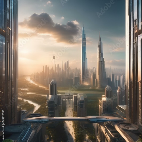 A futuristic cityscape with towering skyscrapers and flying cars, bathed in the light of a rising sun1 #769225539