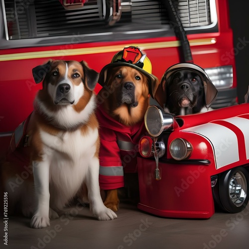 A group of dogs dressed as firefighters, standing in front of a miniature fire truck3 photo