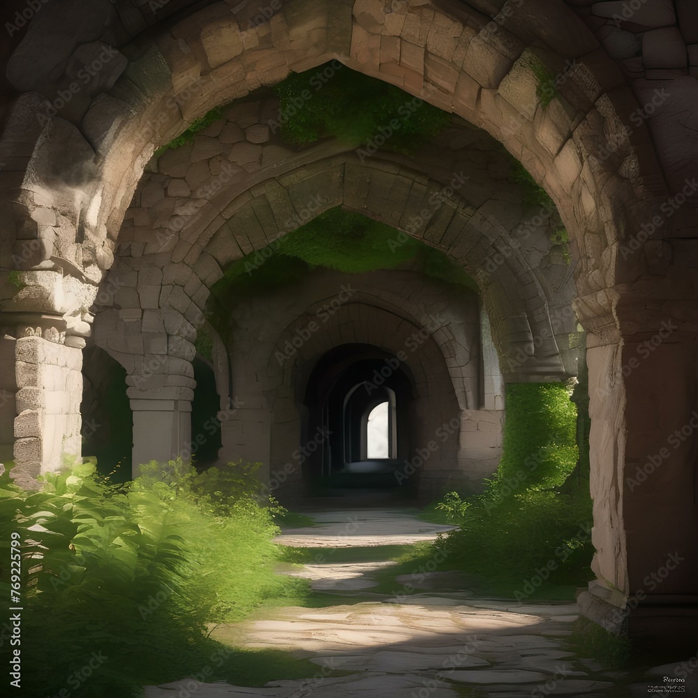 An ancient, overgrown ruin with crumbling stone archways and pillars3
