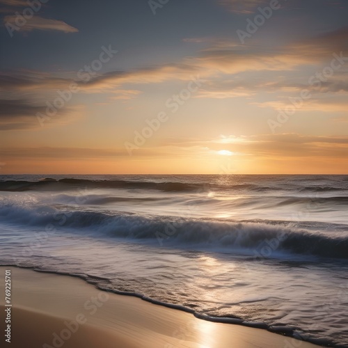 A serene beach at sunset, with waves gently lapping against the shore3