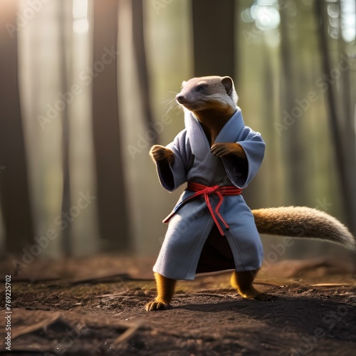 A mongoose wearing a ninja costume, striking a martial arts pose1 photo