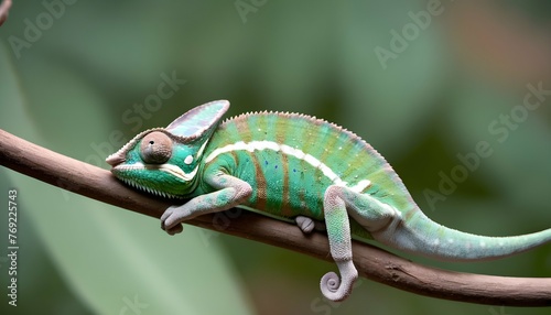 A Chameleon With Its Tail Curled Up Beneath Its Bo