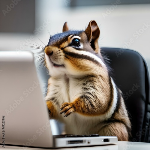 A chipmunk wearing a business suit, sitting at a desk with a laptop1 photo