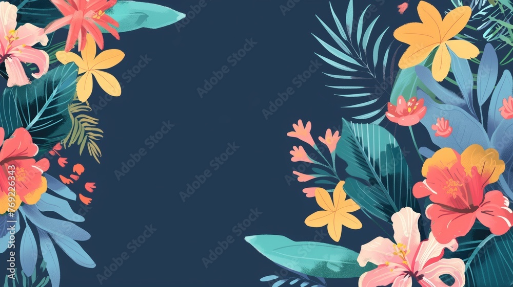 Vibrant tropical flowers and leaves bordering a dark blue background, offering space for text or design elements.