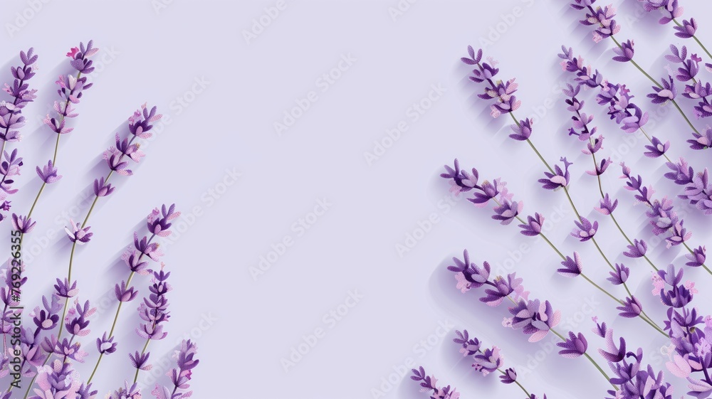 Obraz premium Elegant lavender flowers arranged on a soft purple background with shadows and copy space.