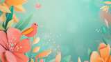 A stylized illustration of a bird on flower with butterflies and leaves soft teal background.