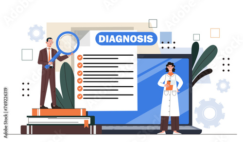 Telemedicine online concept. Man with magnifying glass and woman in medical uniform. Diagnosis, health care and treatment. Remote doctors consultation. Cartoon flat vector illustration