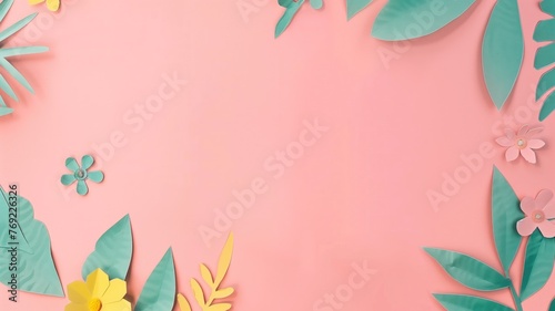 Pastel pink background with colorful paper cut-out tropical leaves and flowers creating a border.