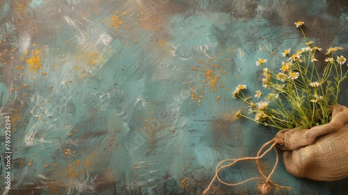 A bouquet of fresh daisies in a rustic burlap sack on textured turquoise and brown background with paint splatters. photo